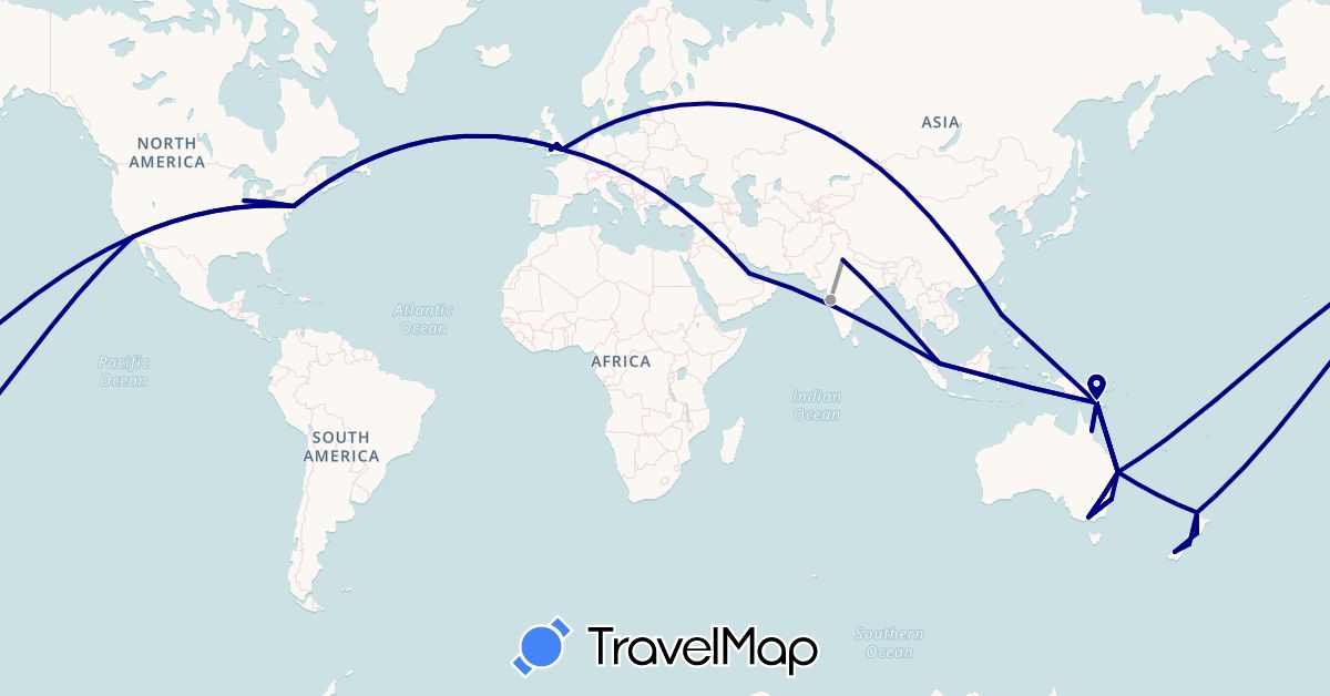 TravelMap itinerary: driving, plane in Australia, United Kingdom, India, New Zealand, Papua New Guinea, Philippines, Qatar, Singapore, United States (Asia, Europe, North America, Oceania)